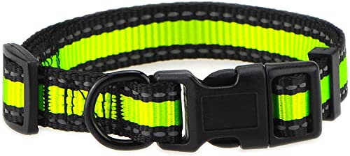 xingzhi Dreifarbiges Hundehalsband aus Nylon mit reflektierenden zwei Streifen bei Nacht (Limettengrün/Schwarz, Mittelhalsband 35,6-48,3-18,1 kg) von xingzhi