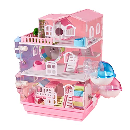 Xixi-Home Hamsterkäfig für Hamster, Zwerghamster, Syrian, Habitate für Kleintiere, 3 Ebenen, Hamsterkäfig aus Acryl, komplett transparent, mit Spielzeugsets (3 Schichten) ((Pink) von xixi-home