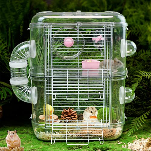 xixi-home Hamsterkäfig mit Tunnel 2 Etagen Transparent Hamster Käfig syrischer Zwerghamster Habitat Kleintierkäfig mit Wasserflasche Futter Gericht Übungsrad von xixi-home