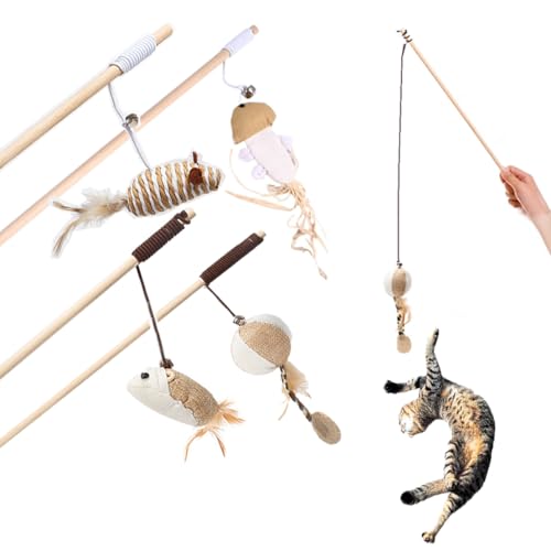 xlwen 4 Stück Katzenspielzeug Feder Katzen Spielzeug Katzen Spielzeug für Kitten Interaktives Katzenangel Katze Spielzeug mit Maus Federn cat Toys stabil 60cm von xlwen