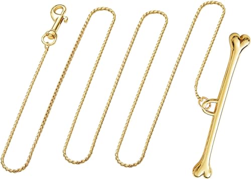 Hundeleine, Hundeleine aus Metall, Goldkette mit Griff aus Knochen, Hundeleine, Anti-Biss, langlebig, geeignet für kleine und mittelgroße Hunde (100 cm, Gold) von xuehaostore