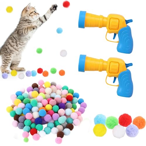 xutong 2 Stück Ballpistole aus Plüsch für Katzen, interaktiver Ball für Katzen, Spielzeug für Katzen, Ballwerfer, interaktives Spielzeug für Katzen im Innenbereich (3 cm, mehrfarbig) von xutong