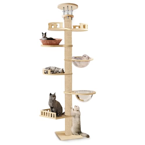 Kratzbaum Katze, kratzbaum beige, höhenverstellbar kratzsäule, 6-stufiger Katzen kratzbaum (1 Aussichtsturm, 2 Katzennester, 2 Raumkapseln und 1 Sprungturm) von yatuiex