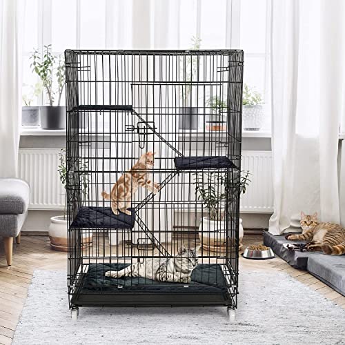 Großer Katzenkäfig mit 4 Ebenen-Zusammenklappbarer Katzenkäfig mit 360 rotierenden Rollen Rampe Leitern，Balkon Drinnen Draußen Metall Käfig für 1-3 Katze,90 x 57 x 125 cm von ybaymy