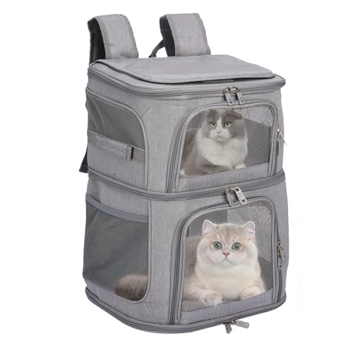 ybaymy Katzen Rucksack für 2 Katzen Hunderucksack Doppelfach Katzen Transport Rucksack bis 12kg Katzen Tragetasche für 1 oder 2 Haustiere, Grau von ybaymy