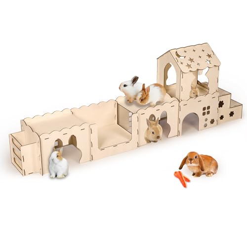 ybaymy Kaninchenschloss, extra großes Holzversteck Spielhaus, abnehmbar, für Kleintiere, Meerschweinchen, Chinchilla-Katzen von ybaymy