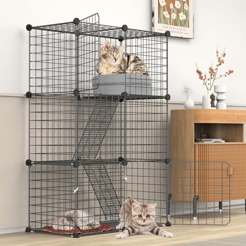 ybaymy Haustier Laufgitter Großer 3-stöckiger DIY Katzenkäfig mit 3 Türen, 2 Leitern Kleintiere Zaun Anti-Sprungende Katze Indoor Verwendung für Kätzchen, Hase, Haustier Nerz 109x75x39 cm, Schwarz von ybaymy