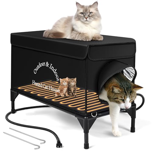 Yeatruojeet Beheiztes Katzenhaus für draußen im Winter, erhöhtes, wasserdichtes, isoliertes Katzenhaus für Outdoor-Katzen, isolierter Outdoor-Katzenschutz mit sicherer Fluchttür, 66 x 33 x 45,7 cm von yeatruojeet