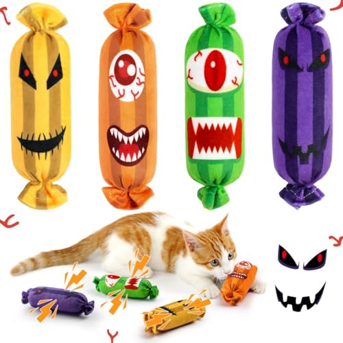 Halloween-Katzenminze-Spielzeug-Set, 4er-Pack, Kau- und Kicker-Spielzeug für Kätzchen, Plüsch, für zahnende Katzen von yeeplant