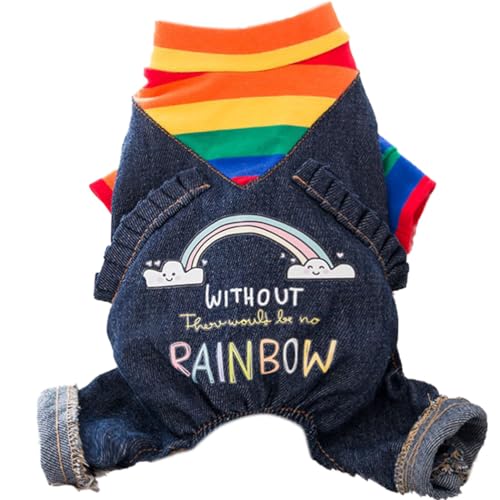 Modischer Haustier-Overall aus Denim mit Regenbogennähten, für den Winter, weiches Outfit für Welpen und Katzen aus dünnem Material von yeeplant