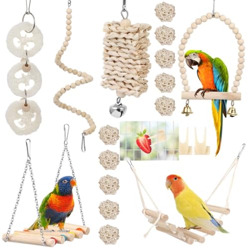 Papagei Entertainment Bundle - 18 Stück Schaukeln, Futtersuche und Kauspielzeug für Vögel, ideales Käfigzubehör für Wellensittiche bis Finken von yeeplant