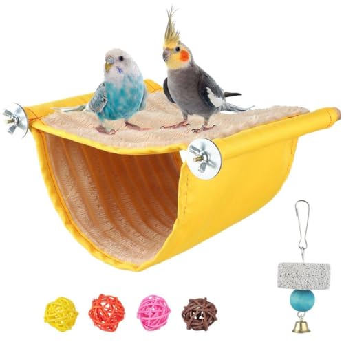 yeeplant Hängematte Vogelhaus Bett mit Rattankugeln & Schleifstein Winter Warm Fleece Nest für Papageien Wellensittiche Sittiche Nymphensittiche Lovebirds Hamster Chinchillas - Inklusive Holzstange von yeeplant