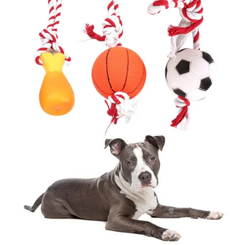 yeeplant Kreatives Beißspielzeug für Hunde: 3-teiliges Set mit Baumwollseilen und Kunststoffbällen, interaktives und lustiges Quietschspielzeug für kleine bis mittelgroße Welpen und Katzen von yeeplant