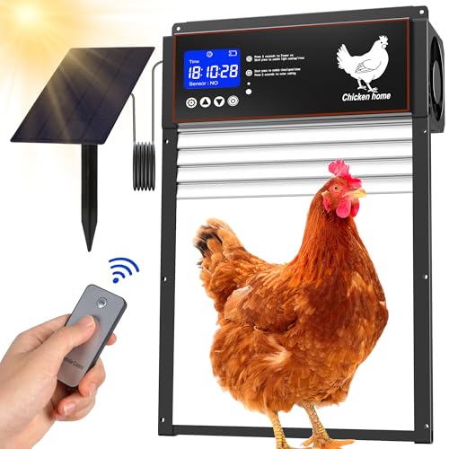 Yoarmyt 2024 Aktualisierung Automatische Hühnerklappe Solar (Leicht zu bedienen), Elektrische Aluminum Hühnerklappe Rolltor mit Großes LCD Display, Hühnertür mit Lichtsensor, Timer, Fernbedienung von yoarmyt