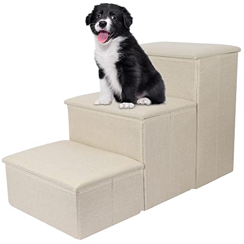 yofit Hundetreppe mit Stauraum, Faltbare Haustierstufen für Hochbetten, 3-stufige Haustiertreppe Rampe Welpenspielzeug Aufbewahrungsbox für Hunde Katzen Kleine Haustiere (Beige) von yofit