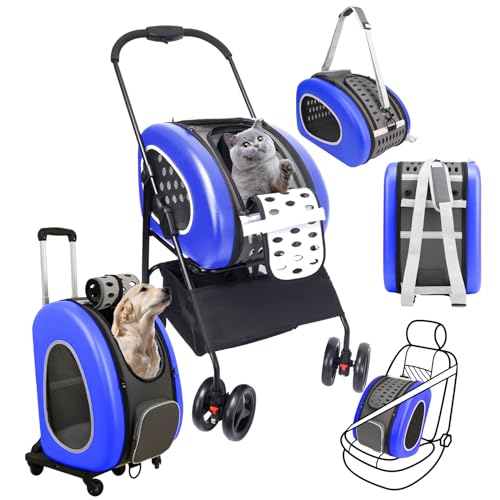 5 in 1 Haustier Tragetasche mit Rucksack Kinderwagen Schultergurt Tragetaschen mit Rollen für Hunde und Katzen (Blau) von yotefe