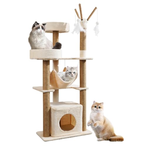 Yuyuepetzone Kratzbaum 126 cm hoch Stabil Katzenbaum groß Katzenklettergerüst mit Katzenhaus, Hängematte, 2 Plattformen, Katzenkratzbaum, Abnehmbarer Plüschball mit lustiger Kletterbaum für Katzen von yuyuepetzone