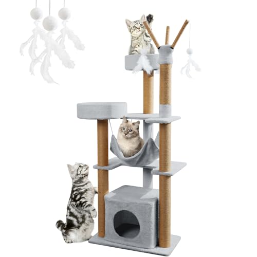 yuyuepetzone Katzen Kratzbaum, 126 cm hoch Katzenbaum Stabil Katzenkratzbaum Katzenturm Aktivitätskratzbäume mit Katzenhaus, 2 Plattformen Plüschbälle Sisalseil, Hängematte für Klein Katzen, Grau von yuyuepetzone