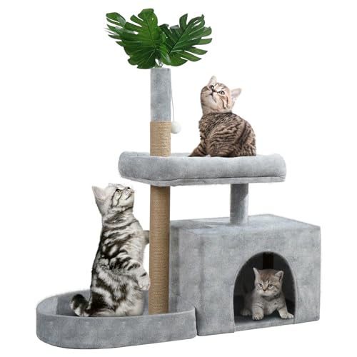 Katzenbaum für Indoor-Katzen mit grünen Blättern, Katzenhaus gemütliches Plüsch-Katzenhaus mit Hängeball und Blattform-Design, Katzenmöbel Haustierhaus mit Katzenkratzstämmen, Grau von yuyuesmart