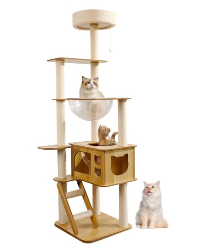 Yueyuesmart Katzenbaum aus Holz, 145,8 cm großer Katzenturm aus Holz für Indoor-Katzen, moderne mehrstufige Katzenaktivität mit Acrylkuppel, Höhle, runde Sitzstange, Kratzbaum, Leiter für kleine, von yuyuesmart