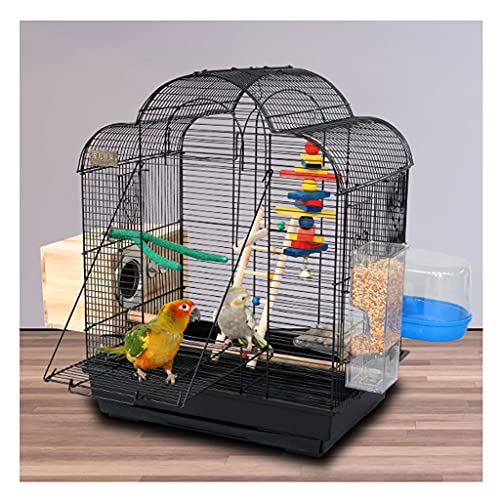 zlw-shop Vogelkäfig, großer Vogelkäfig, Metallkuppel, Papageienkäfig mit Brutbox und Futterstation, Vogelkäfig für Staren, Wellensittiche, Kanarienvögel, Flugkäfig (Farbe: Schwarz) von zlw-shop