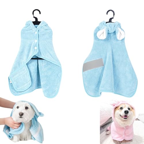 Zallopaws Dog Drying Towel, Zallopaws Dog Bath Towel, Bunny Ear Microfiber Absorbent Skin-Friendly Velcro Dog & Cat Hoodie Bathrobe, Towel for Dogs, Fast Drying Dog Towel Robe (Blue,L) von zoocco