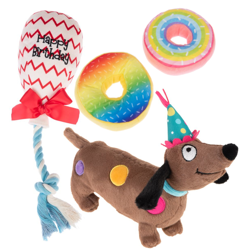 Geburtstagspaket: Hundespielzeuge zum Sonderpreis! - Geburtstagsballon + B'day Dog + Squeaky Donuts Set von zooplus Exclusive