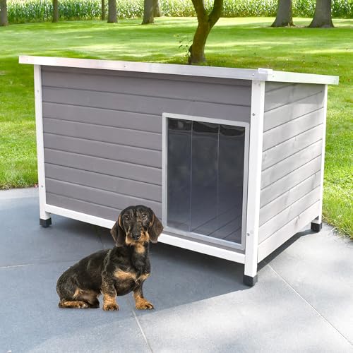 zooprinz Exklusive Hundehütte Jacky – aus wetterfestem & massivem Holz mit Metallrahmen, Dach zum Öffnen, Lamellentür & Kunststofffüßen – Hundehütte für Indoor und Outdoor (Hellgrau, M) von zooprinz